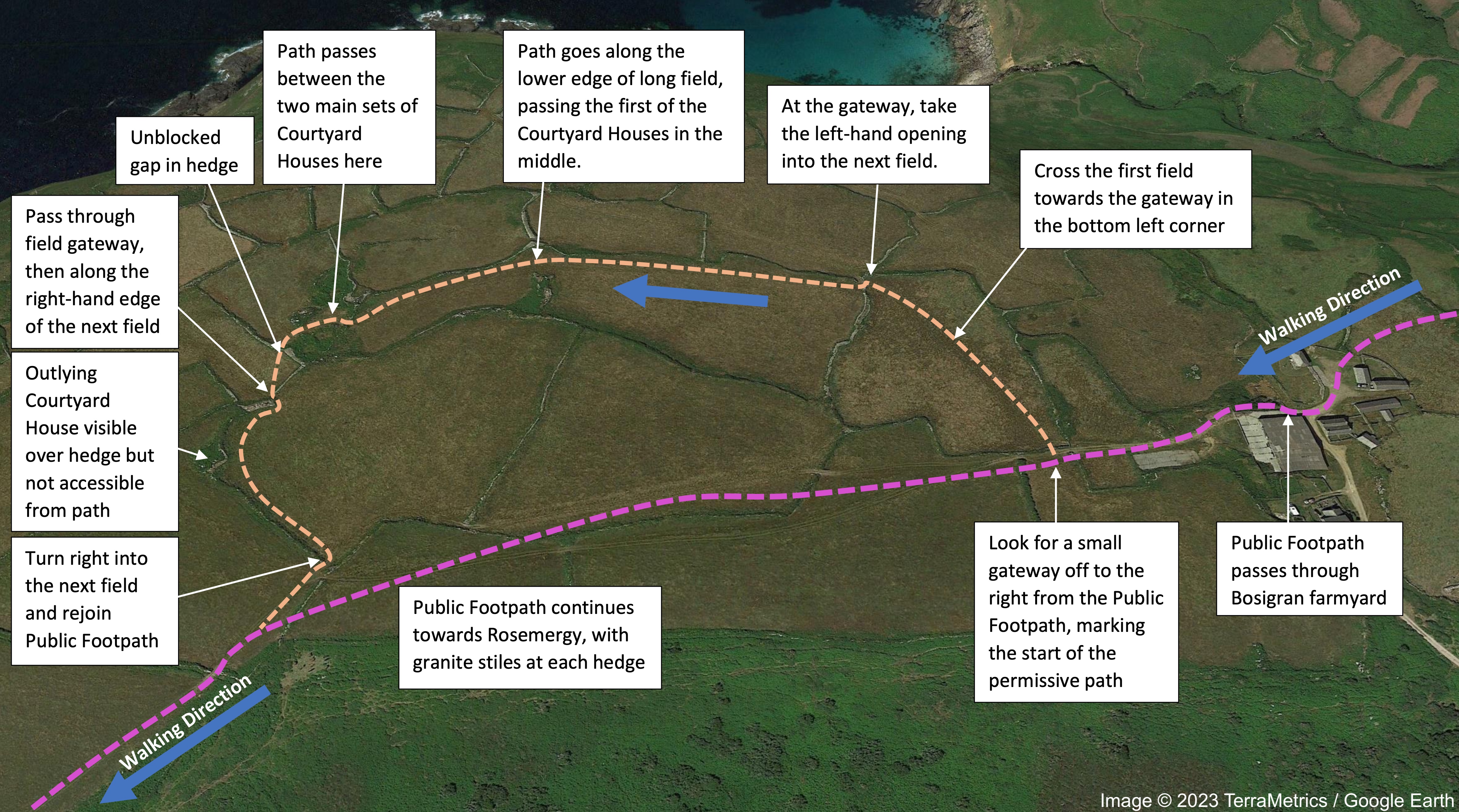Permissive path to Bosigran courtyard houses marked on photograph