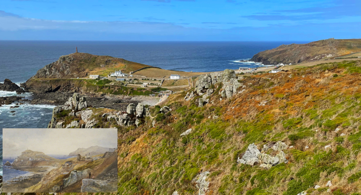 Historic artwork of Cape Cornwall and its mines inset into bottom left corner of modern photograph of the same location.