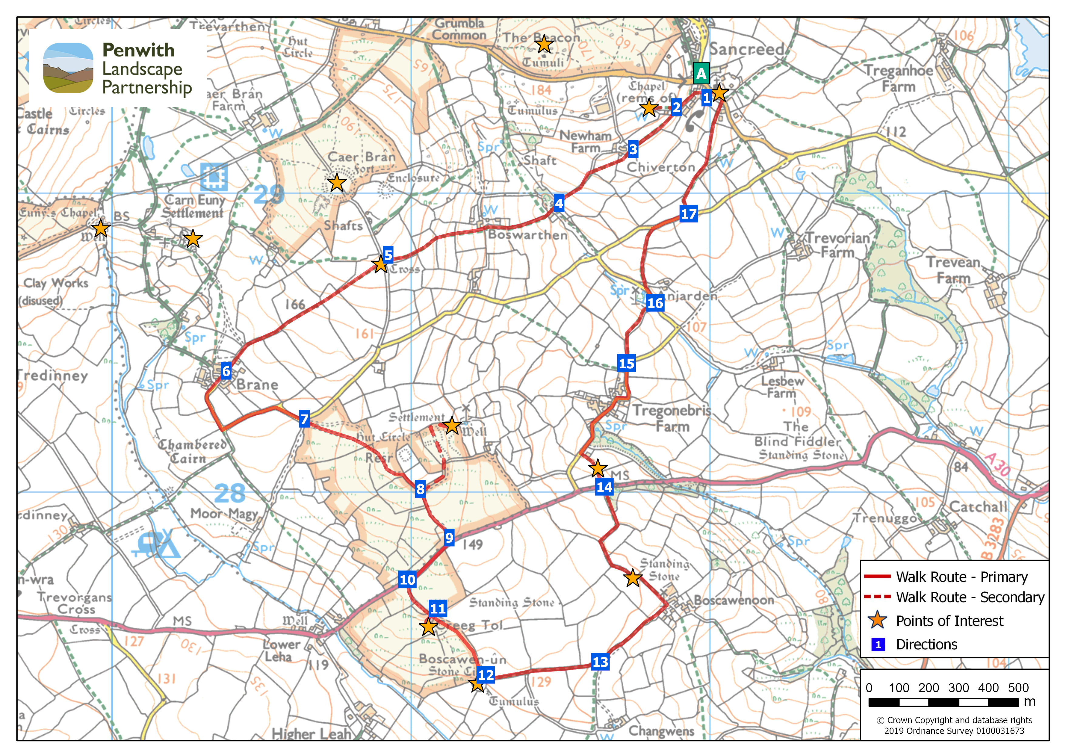 Trail guide map - Sancreed to Goldherring and Boscawen-un