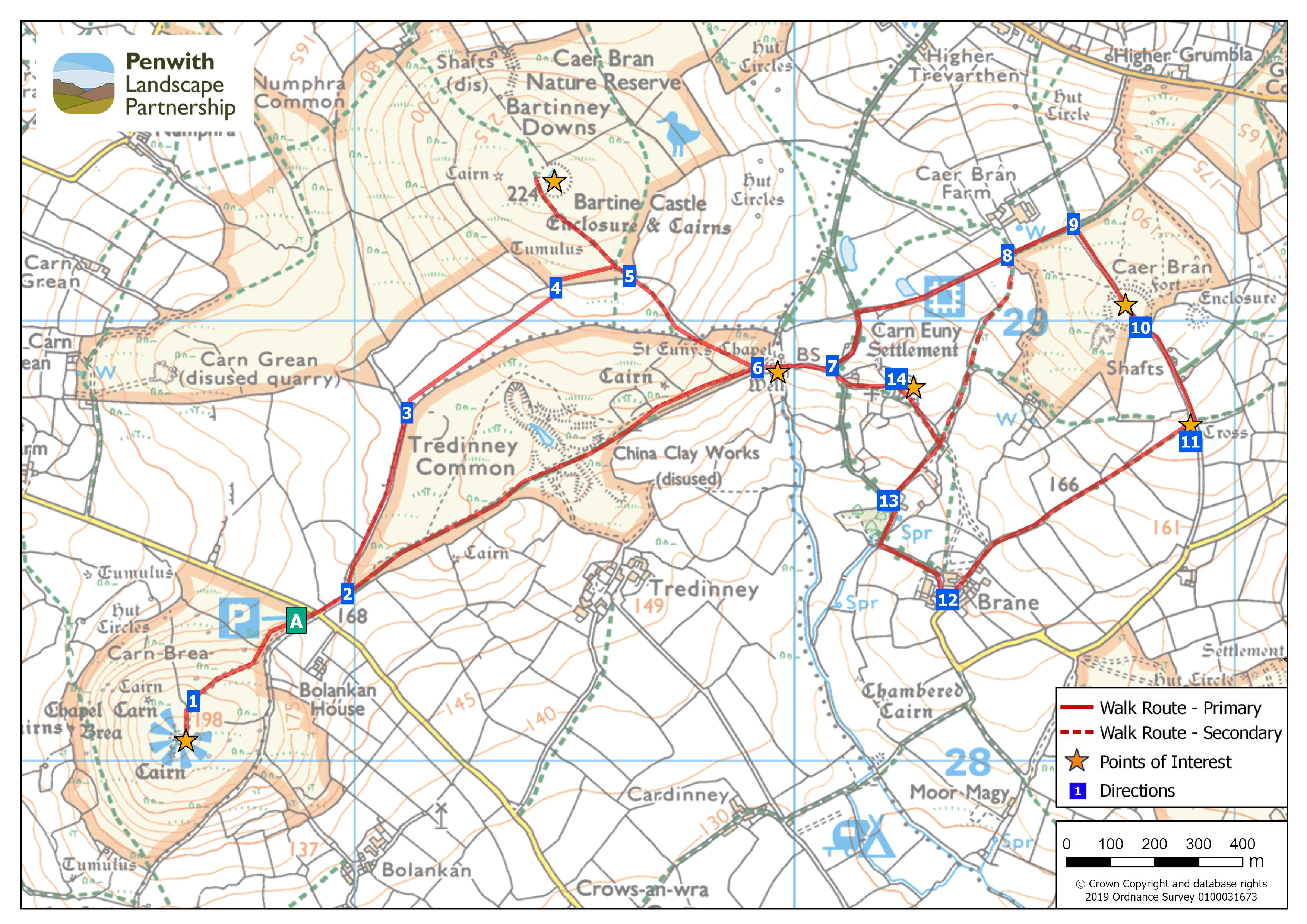 Trail guide map - Chapel Carn Brea to Bartinney and Caer Bran