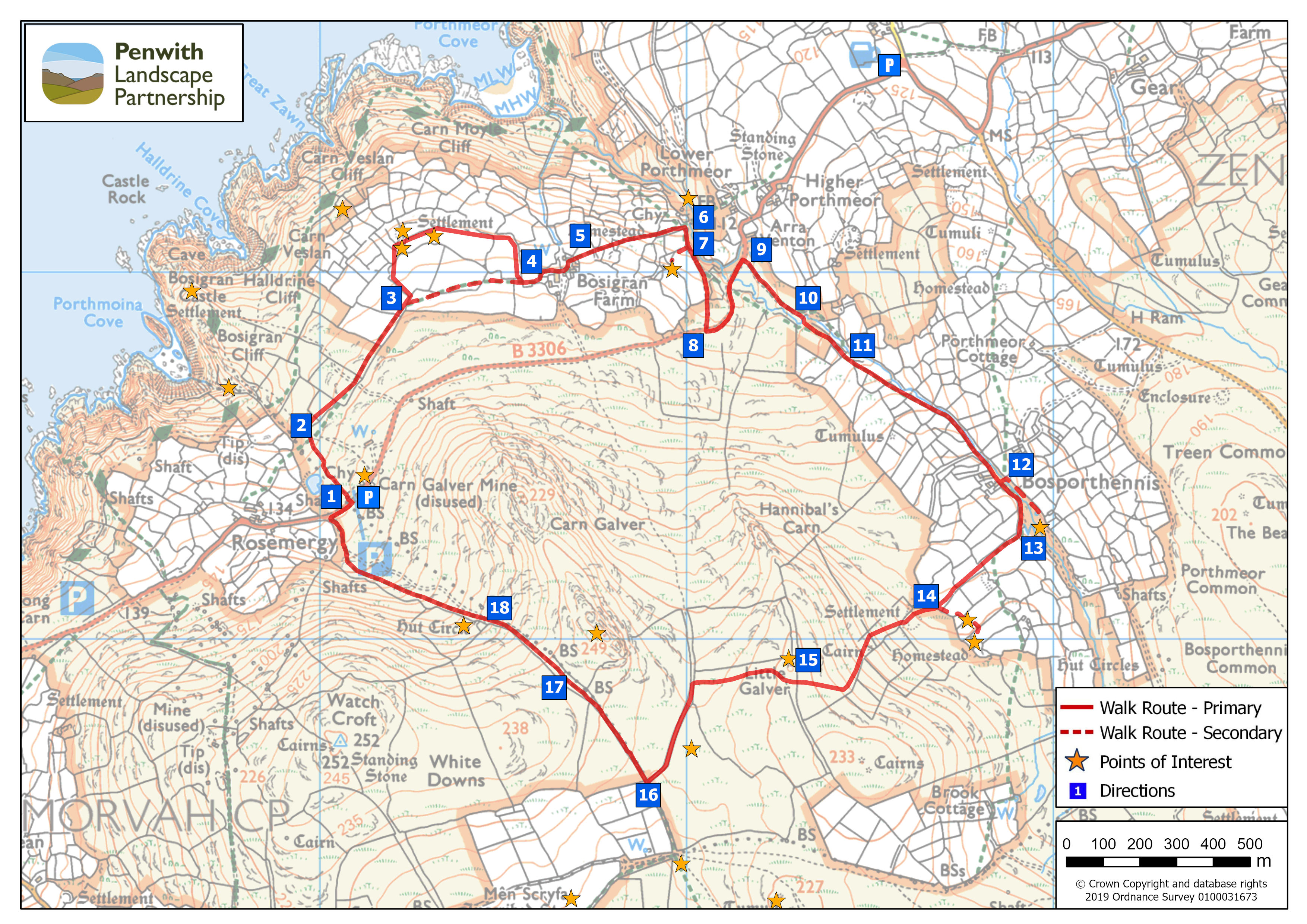 Trail guide map for Bosigran, Bosporthennis and Carn Galver