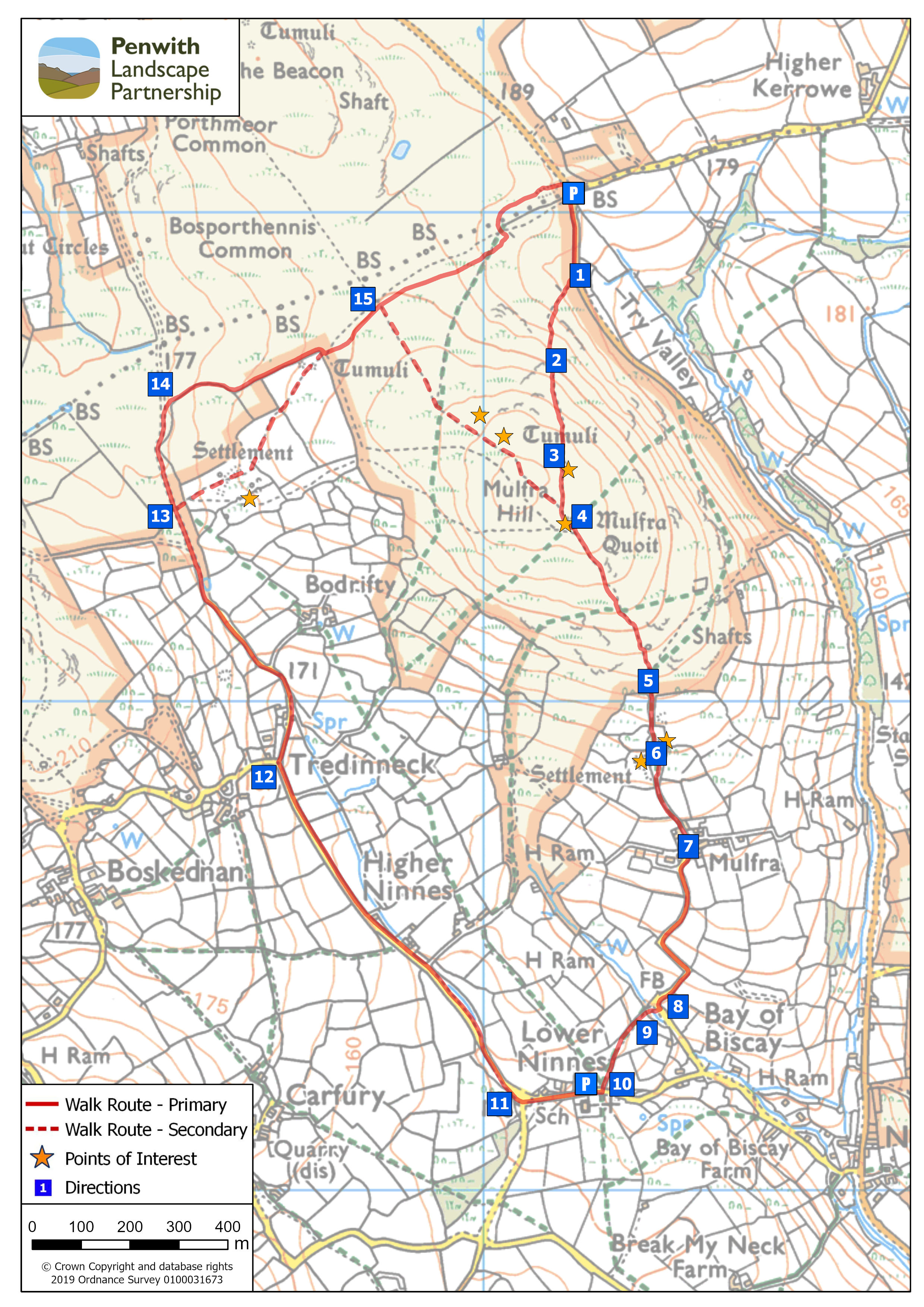 Map for guide to a trail around Mulfra and Bodrifty