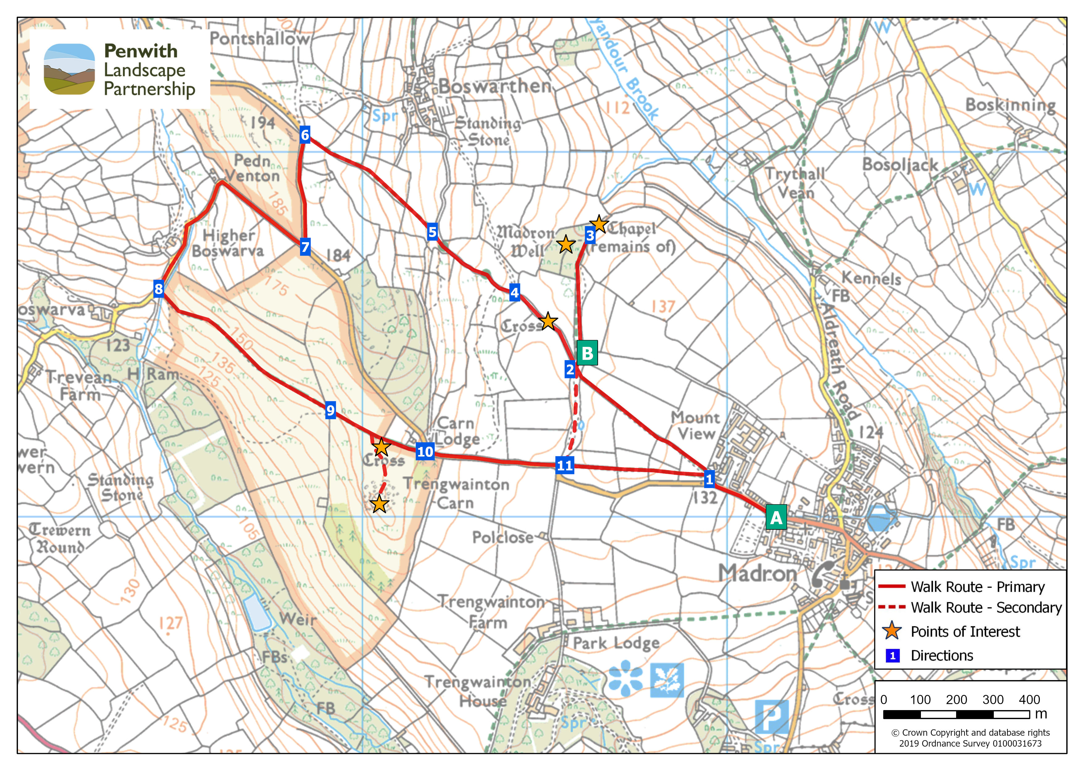 Trail guide map - Madron Chapel to Trengwainton Carn