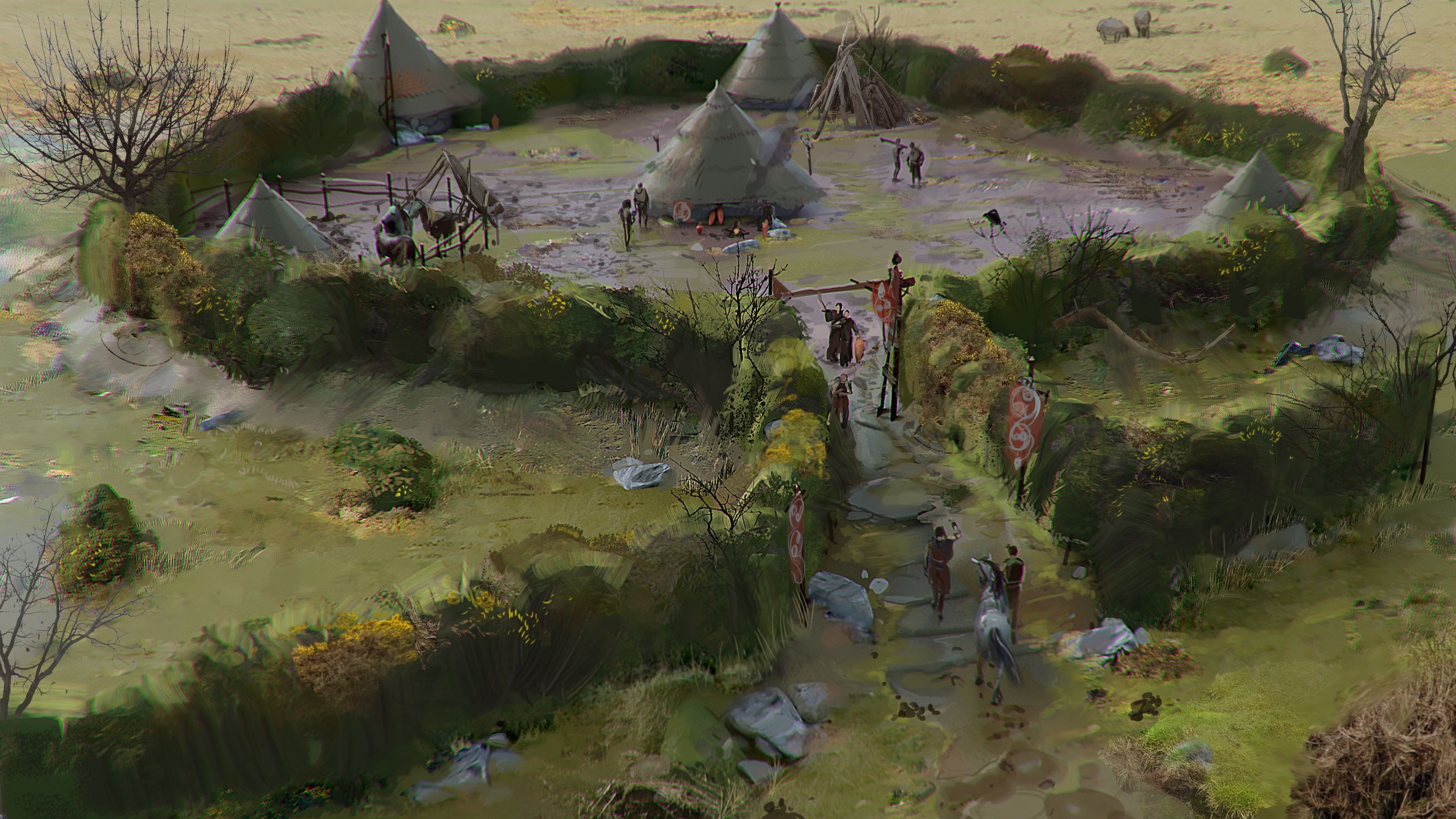 historical reconstruction drawing of bakers pit banjo enclosure as it might have looked during the Irn Age