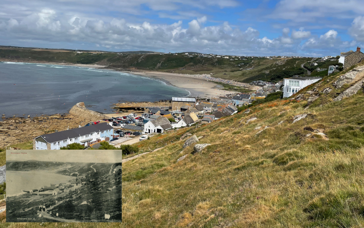 Historical Image of Sennen in Cornwall inset into corner of a modern image taken from above Sennen Village, Cornwall