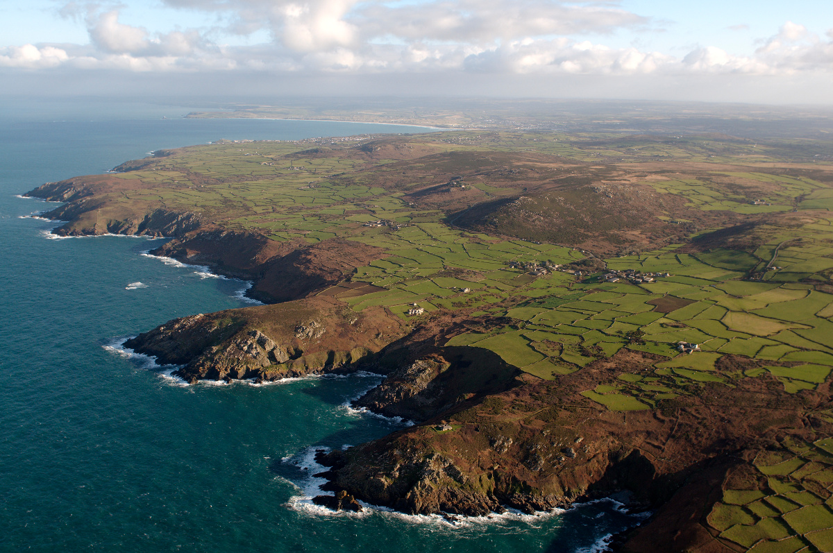 Aerial shot of Penwith landscape and coast