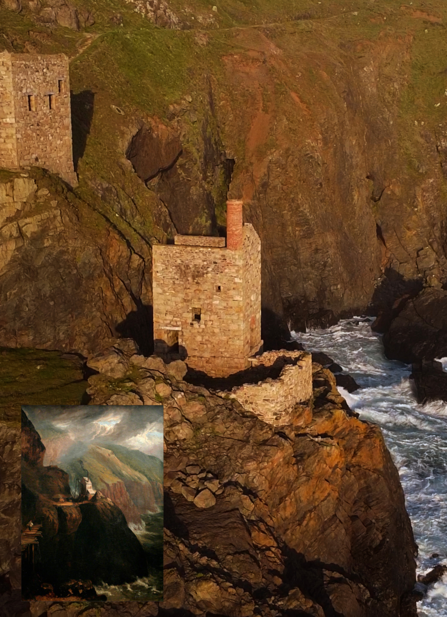 Historic painting of Botallack Mines, Cornwall, inset into bottom left corner of modern photograph of the mines.