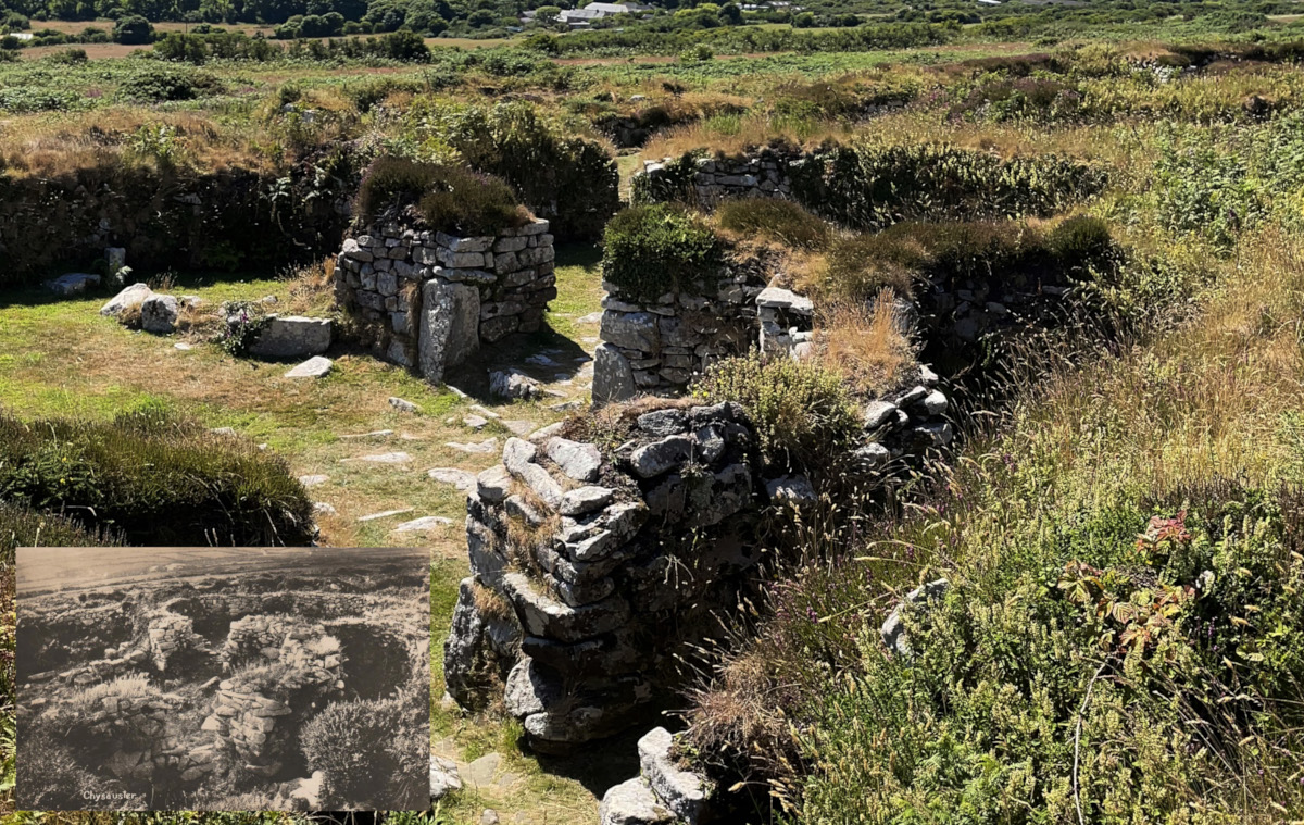 Historic photograph of Chysauster ancient settlement set into bottom left corner of a modern photograph taken from the same location.