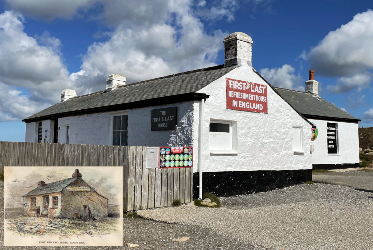 Historic woodcut of the First and Last House pub at Land's End, inset into bottom left corner of a modern photograph taken at the same spot.