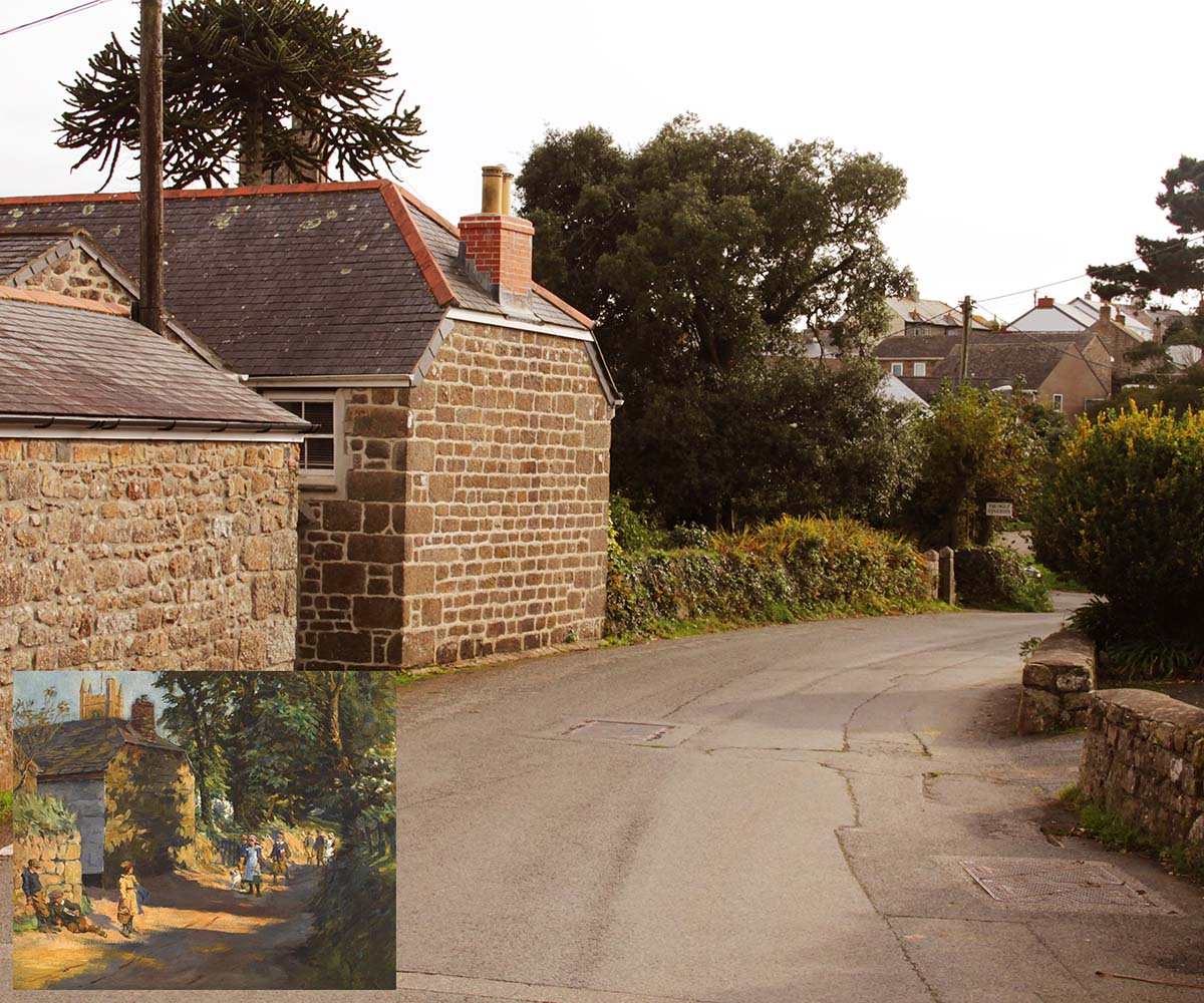 Artwork 'Going to School near Paul, Penzance' by Stanhope Forbes inset into modern photograph taken from same location