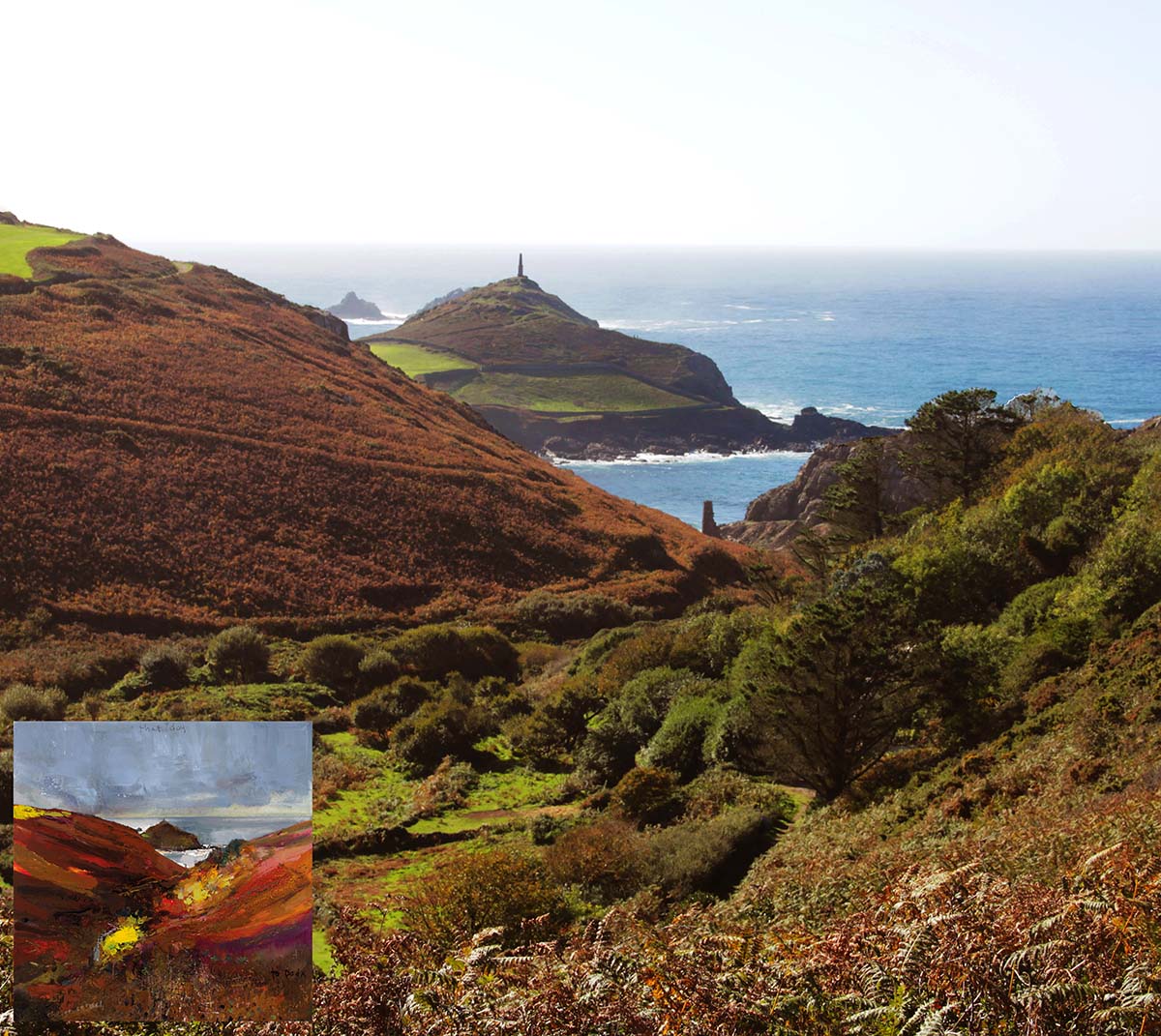 Artwork 'That Day' by Kurt Jackson inset into bottom left corner of a modern photograph showing Kenidjack Valley from the same location