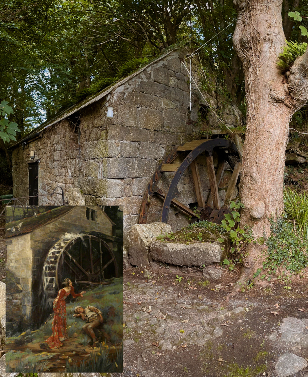 Original artwork of Lamorna Mill inset into bottom left corner of a modern photograph taken from the same location.