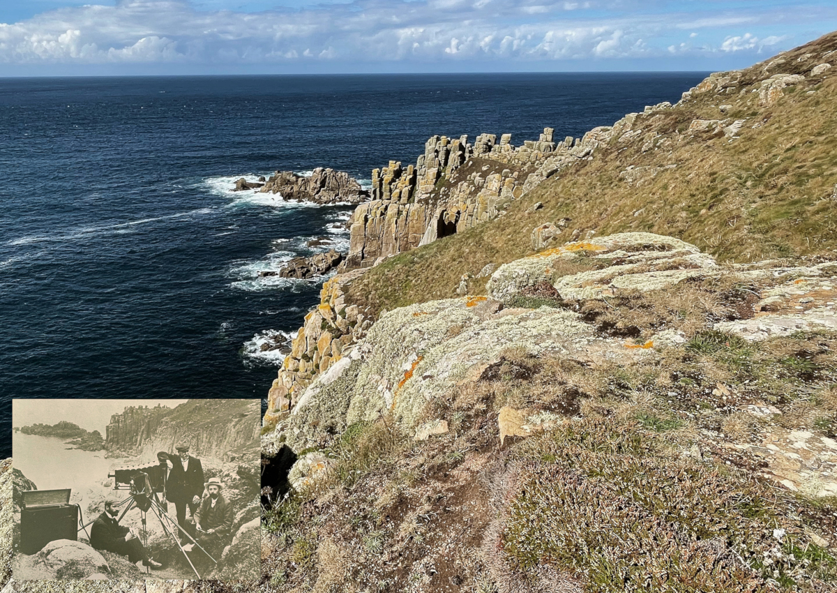 Historic of photographers at Land's End inset into bottom left of a modern photograph from the same location.