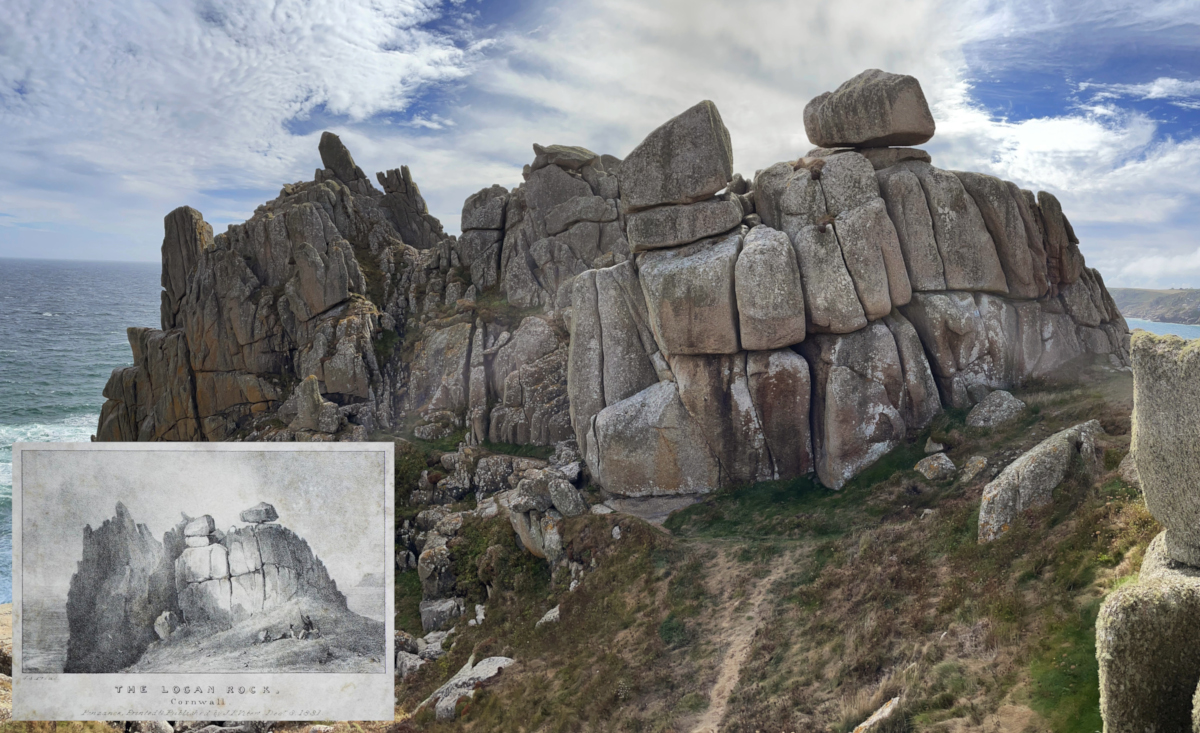 Historic print of the Logan Rock at Treen, Cornwall, inset into bottom left of a modern photograph taken from the same location