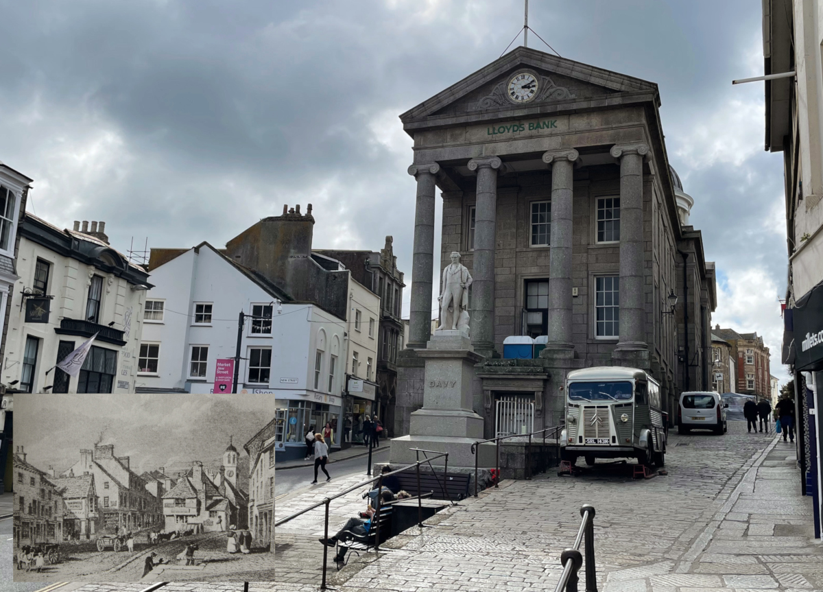 Historic print of Market Jew Street in Penzance inset into bottom left of a modern photograph taken from the same location.