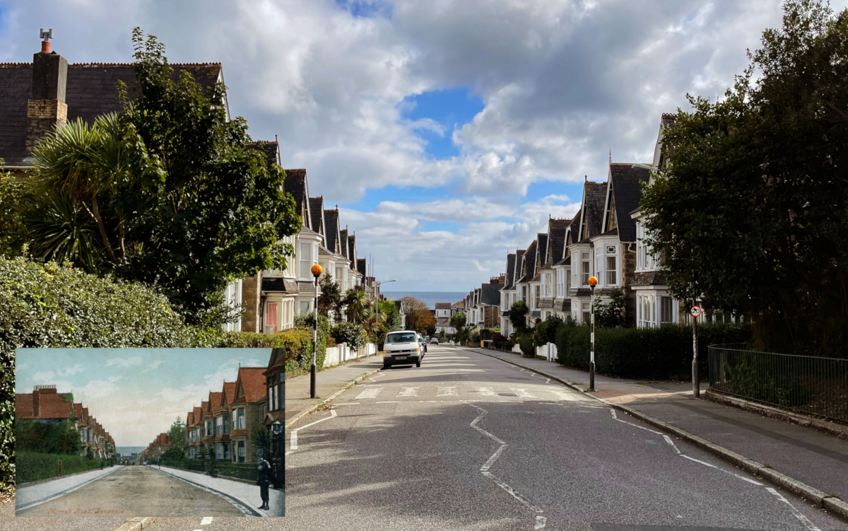 Image from an early 20th century postcard of Morrab Road in Penzance inset into bottom left of a modern photograph from the same location