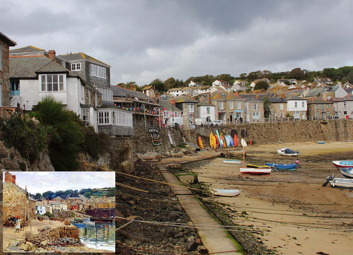 Artwork 'Mousehole near Newlyn' inset into bottom left corner of a modern photograph of Mousehole taken from the same location