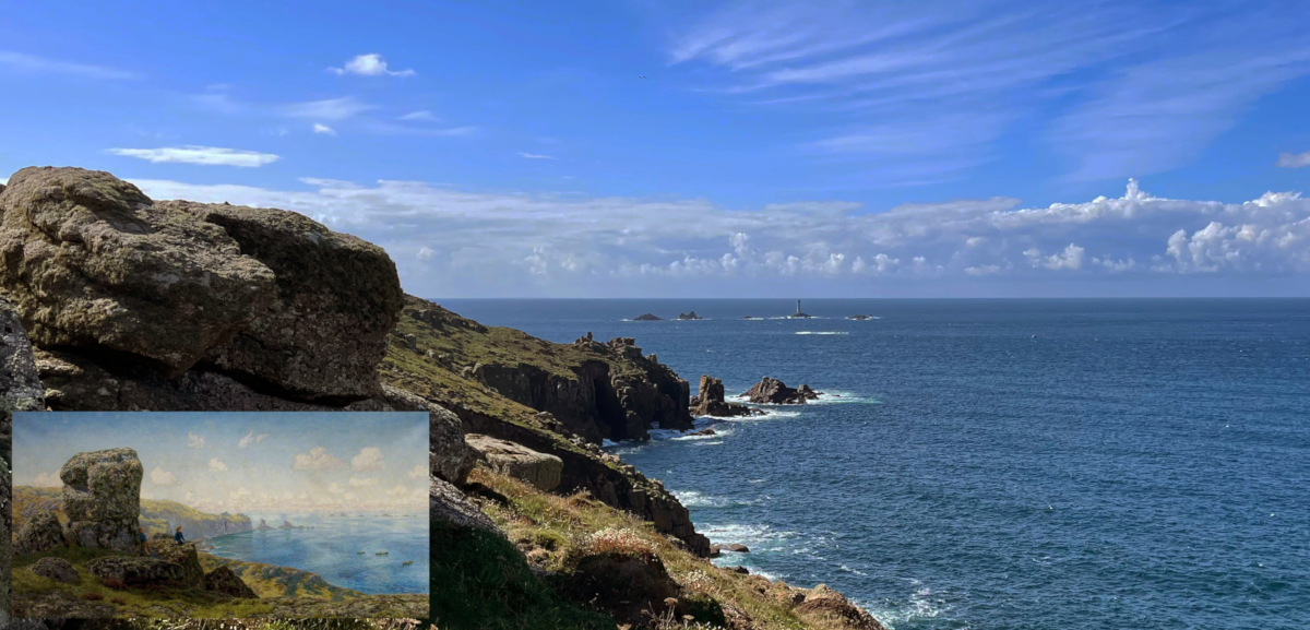 Historic painting of coast near Land's End inset into bottom left corner of a modern photograph taken from the same location