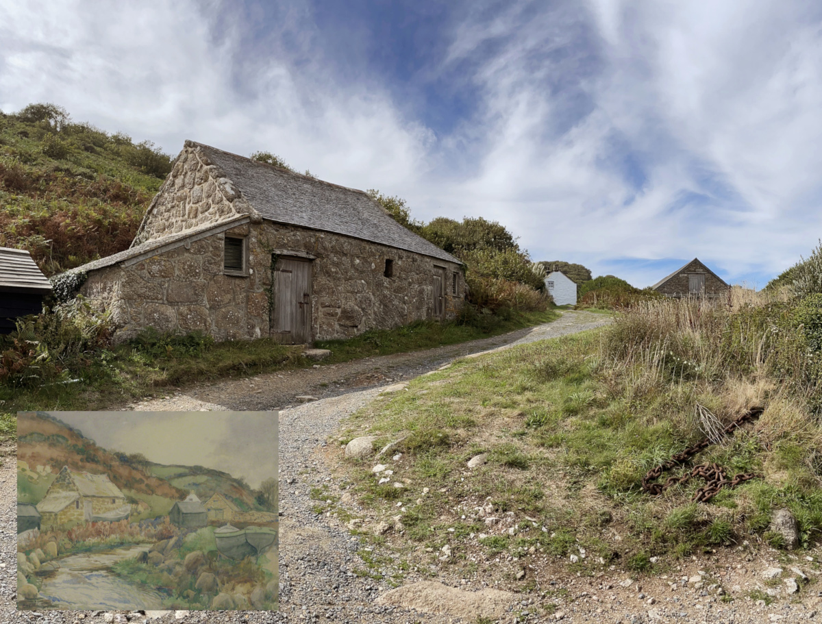 Historic artwork of a cottage in Penberth, Cornwall inset into the bottom left hand corner of a modern photograph taken from the same location.