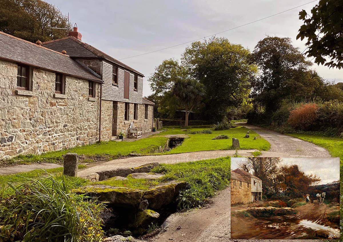 Painting of Penolva by Stanhope Forbes inset into modern photograph taken from the same location