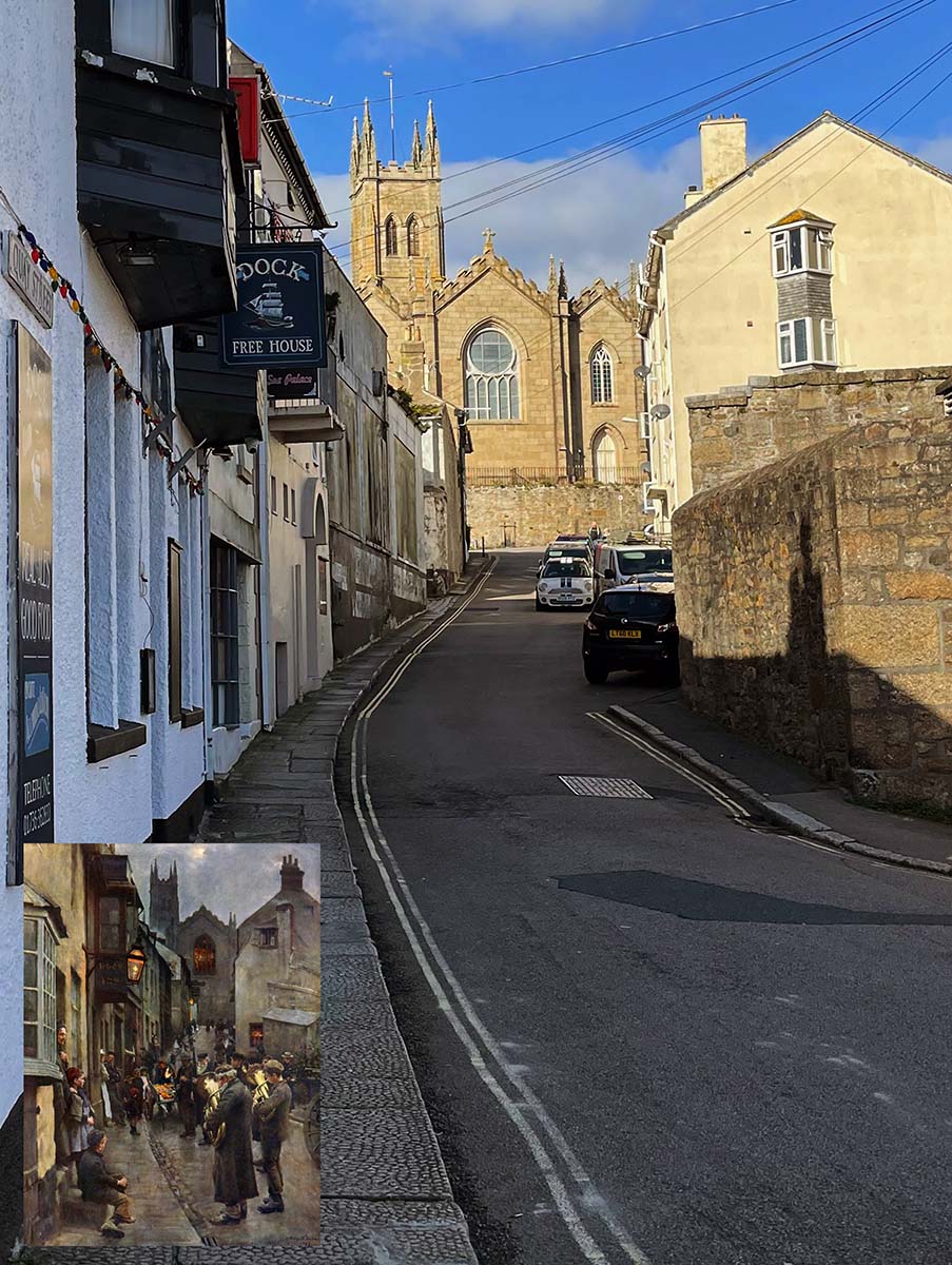 Painting of Quay Street in Penzance by Stanhope Forbes inset into bottom left corner of a modern photograph of Quay Street taken from the same location