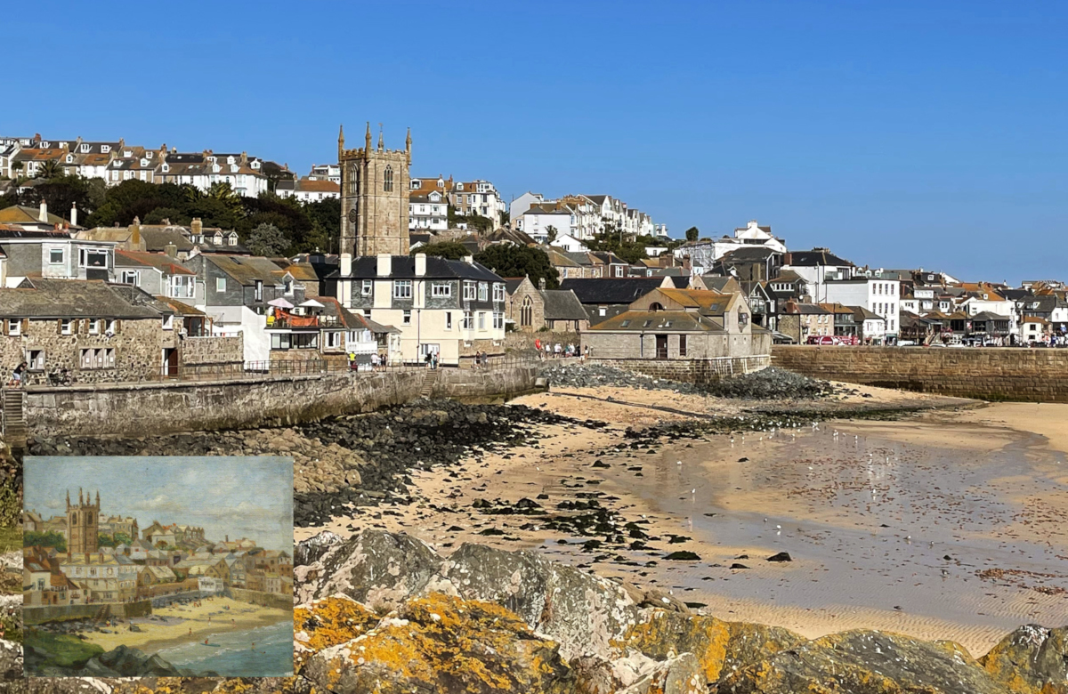 Historic artwork of St Ives harbour inset into bottom left corner of a modern photograph taken from the same spot 