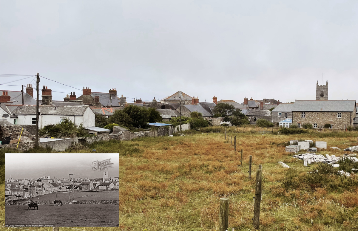 Historic photo of St Just in Penwith inset into bottom left corner of modern photograph from the same location