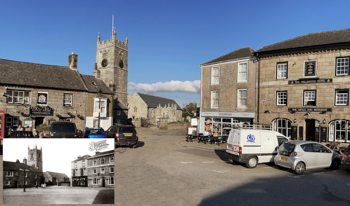 Historic photo of St Just in Penwith inset into bottom left corner of modern photograph from the same location