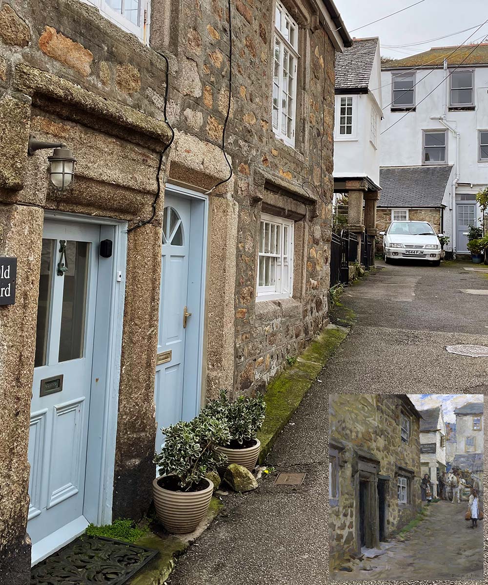 Painting of the Keigwin Arms in Mousehole by Stanhope Forbes inset into bottom right corner of a modern photograph of the same location