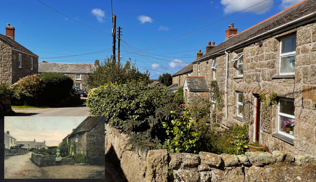 Historic image of Treen Village inset into bottom left of a modern photograph taken from the same location.