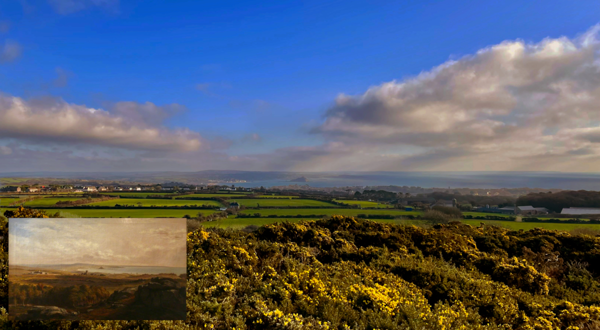 Historic artwork of Trengwainton Carn inset into bottom left of a modern photograph taken from the same location.