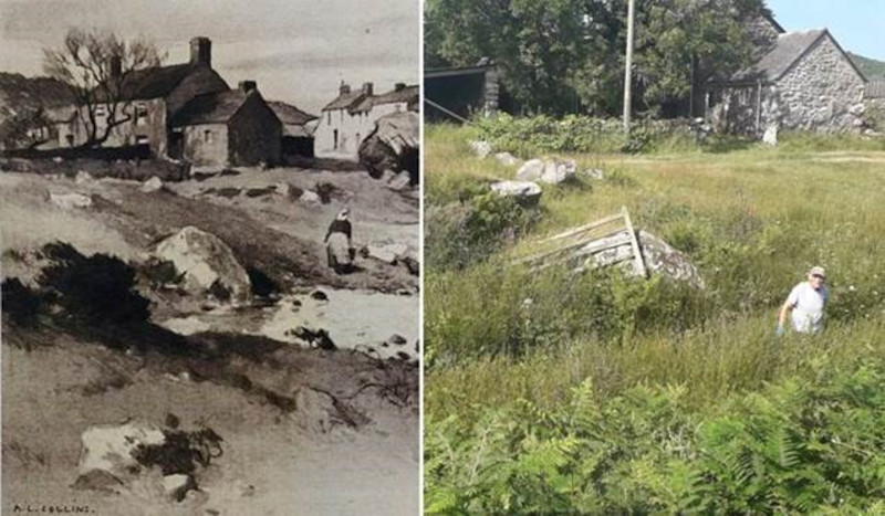 Historic painting of Bosporthennis in Penwith side by side with modern photograph taken in same place